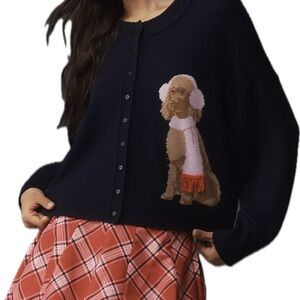 Anthropologie Navy Button-Front Cardigan with Dog Intarsia